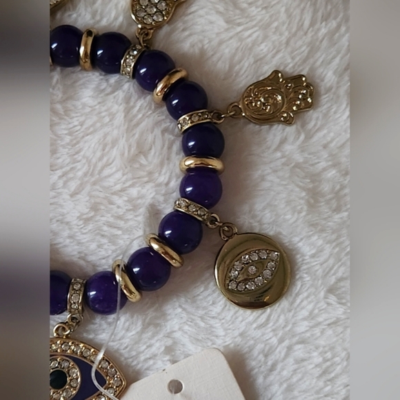 Hamsa Khamsa Fatima Eye Stretch Bling Charm Bracelet Purple Gold NWT - Picture 5 of 15